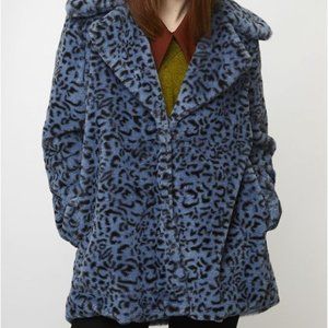 NWT Compania Fantastic Blue Leopard Faux Fur Coat - L